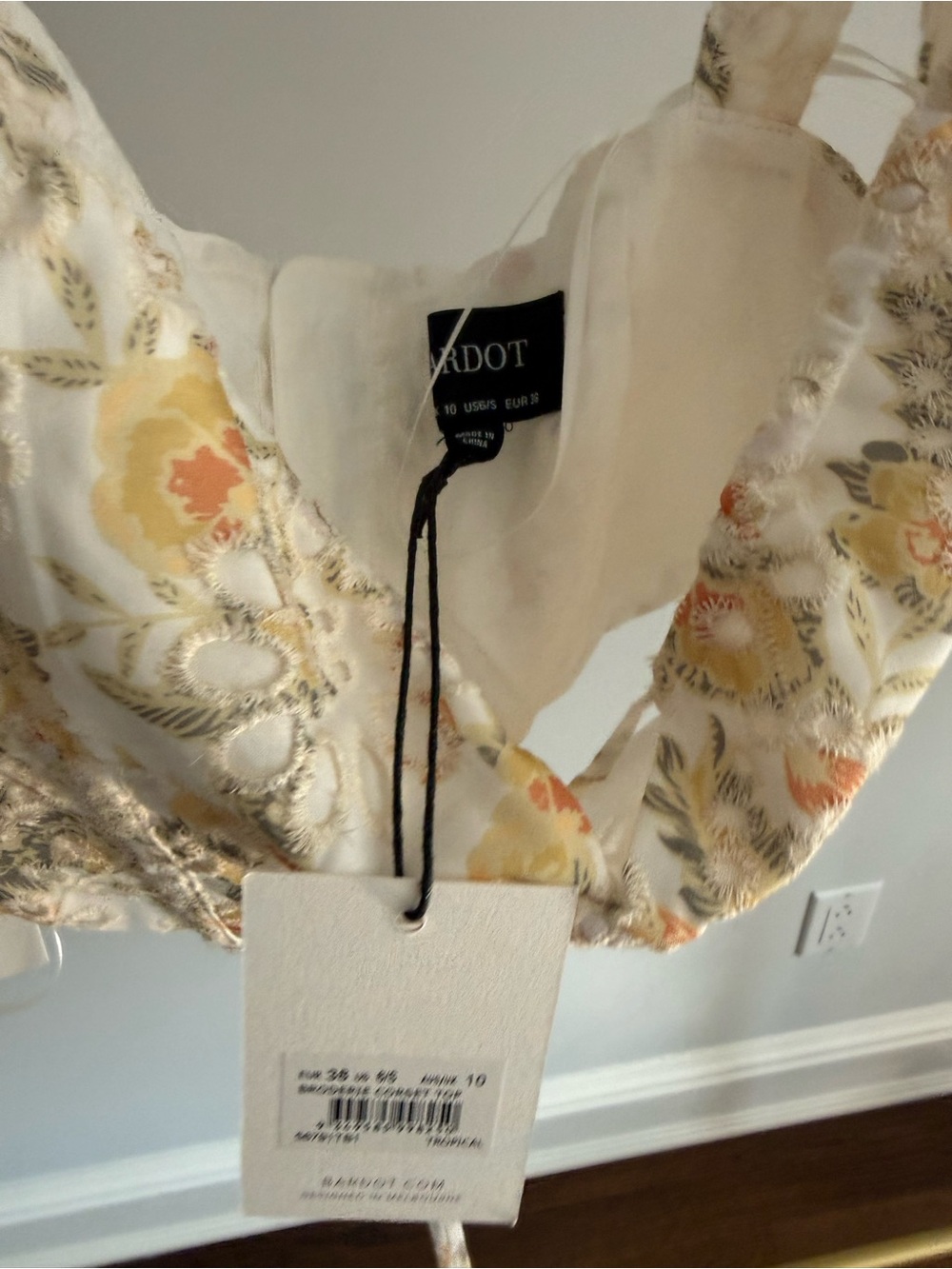 NWT Bardot Cream Floral Embroidered Crop Top with Yellow and Orange Accents